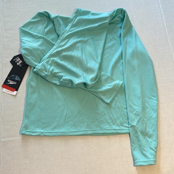 Speedo Medium Girls Swim Shirt Hooded Long Sleeve UPF +50 in Aqua Splash NWT - Picture 3 of 6